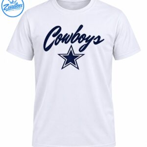 Navy cursive Cowboys lettering above a navy five-point star with white outlines on a white shirt.