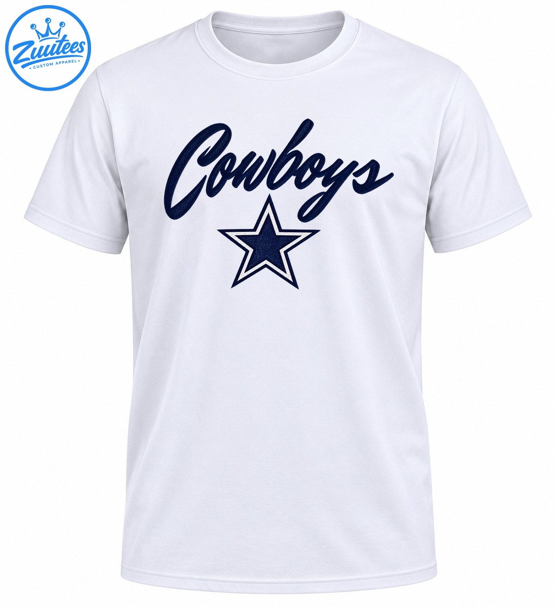 Navy cursive Cowboys lettering above a navy five point star with white outlines on a white shirt. Navy cursive Cowboys lettering above a navy five-point star with white outlines on a white shirt.