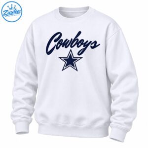 Navy cursive Cowboys lettering above a navy five-point star with white outlines on a white shirt.