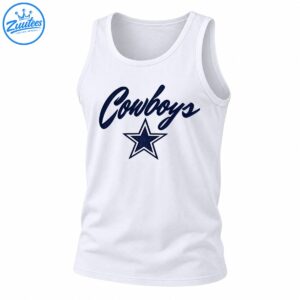 Navy cursive Cowboys lettering above a navy five-point star with white outlines on a white shirt.