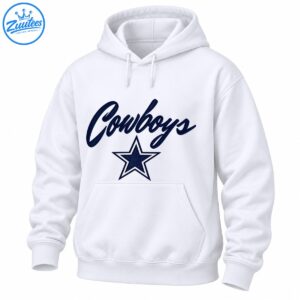 Navy cursive Cowboys lettering above a navy five-point star with white outlines on a white shirt.