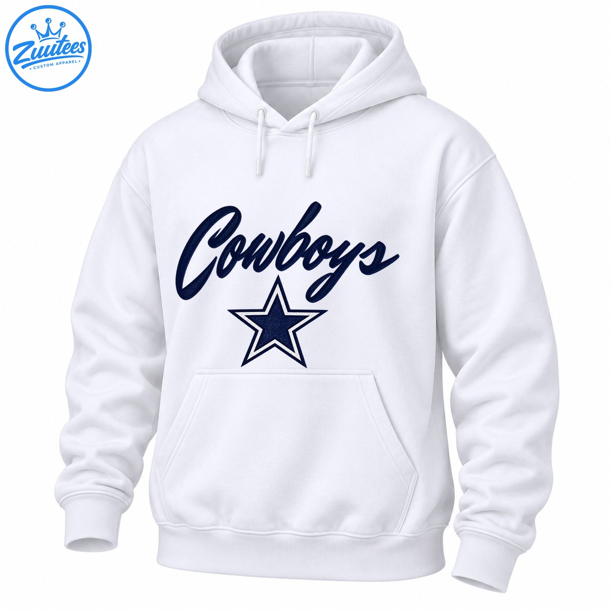 Navy cursive Cowboys lettering above a navy five point star with white outlines on a white shirt. Navy cursive Cowboys lettering above a navy five-point star with white outlines on a white shirt.
