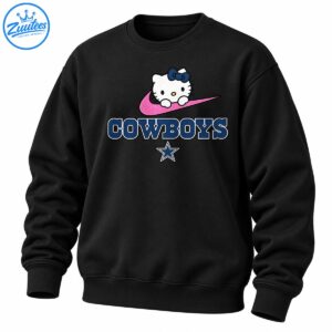 Hello Kitty with a navy bow over a glittery pink swoosh, COWBOYS lettering, and a navy star