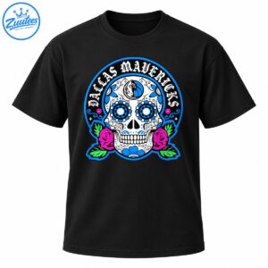 Día de los Muertos sugar skull graphic with Dallas Mavericks lettering, blue floral eyes, pink roses, green leaves, and basketball emblem