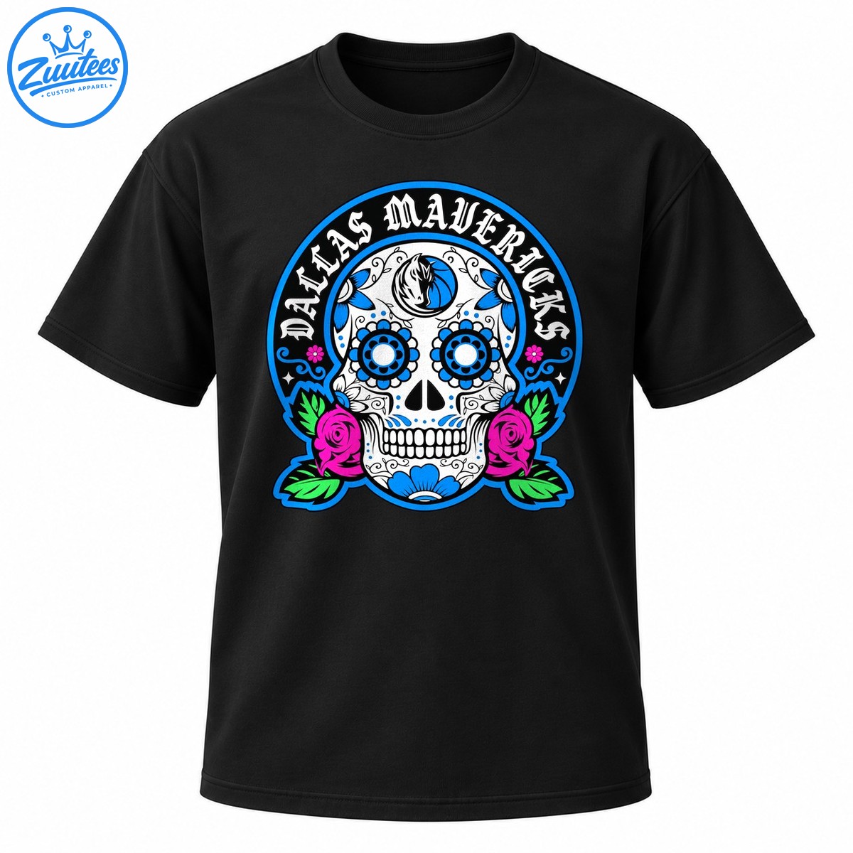 Día de los Muertos sugar skull graphic with Dallas Mavericks lettering, blue floral eyes, pink roses, green leaves, and basketball emblem Día de los Muertos sugar skull graphic with Dallas Mavericks lettering, blue floral eyes, pink roses, green leaves, and basketball emblem