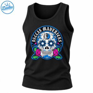 Día de los Muertos sugar skull graphic with Dallas Mavericks lettering, blue floral eyes, pink roses, green leaves, and basketball emblem