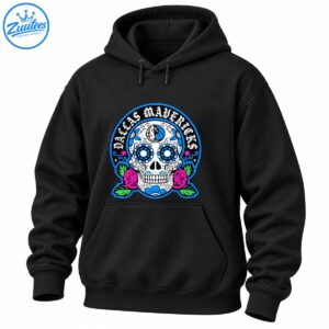 Día de los Muertos sugar skull graphic with Dallas Mavericks lettering, blue floral eyes, pink roses, green leaves, and basketball emblem