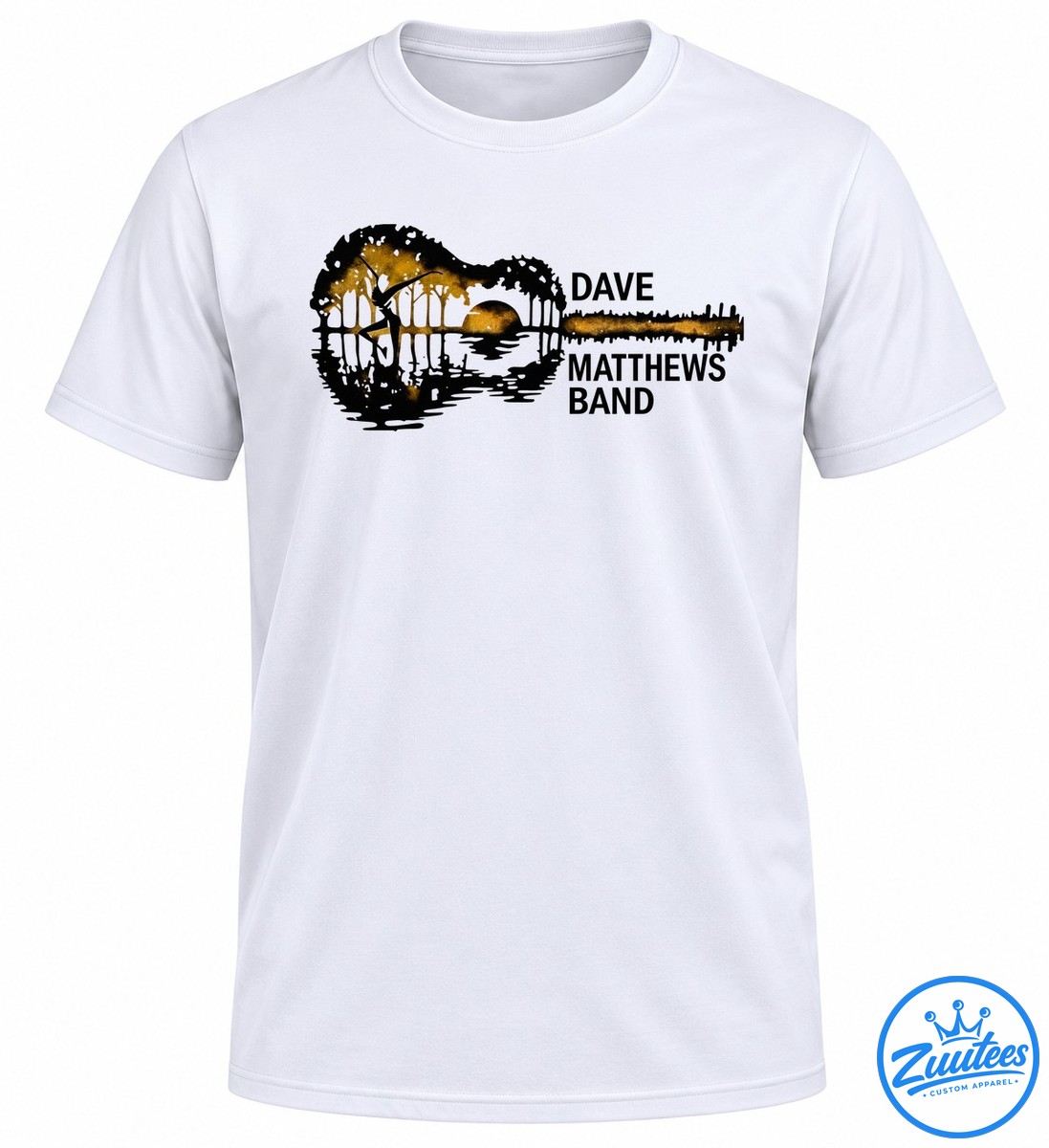 Dave Matthews Band Guitar Silhouette Dmb Shirt Black guitarist silhouette against distressed golden lettering and a glowing amber background in a vintage music graphic.