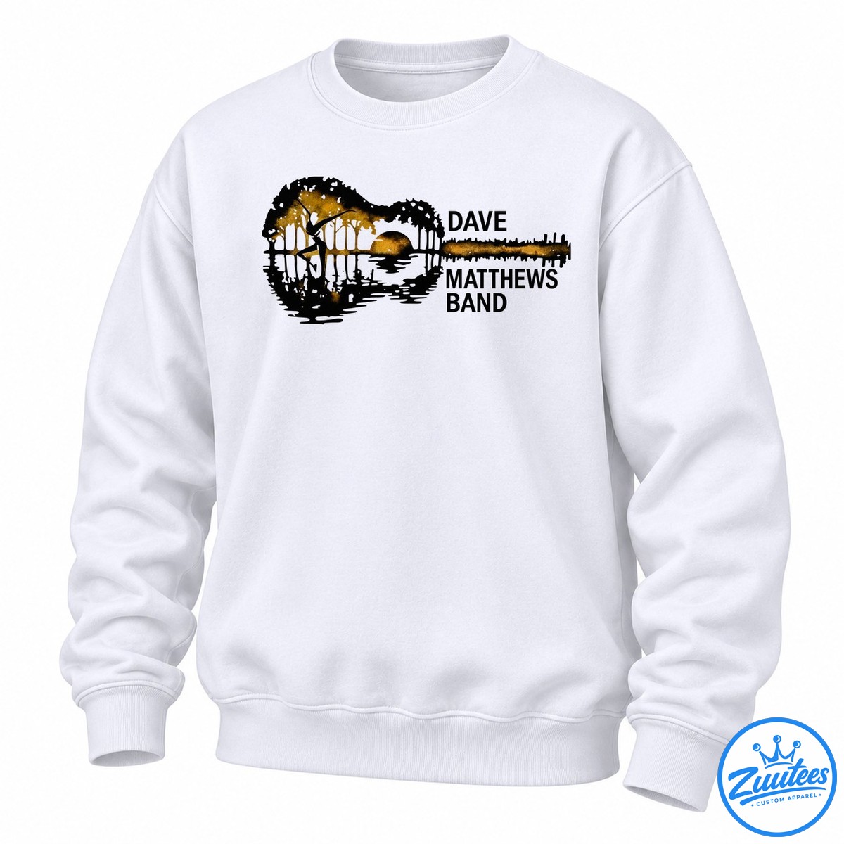 Dave Matthews Band Guitar Silhouette Dmb Shirt Black guitarist silhouette against distressed golden lettering and a glowing amber background in a vintage music graphic.