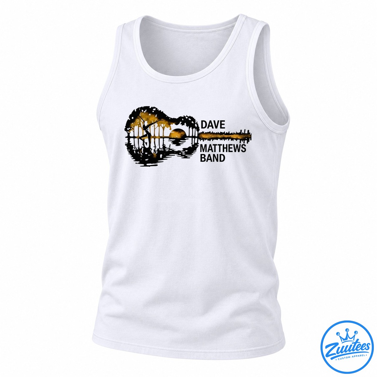 Dave Matthews Band Guitar Silhouette Dmb Shirt Black guitarist silhouette against distressed golden lettering and a glowing amber background in a vintage music graphic.