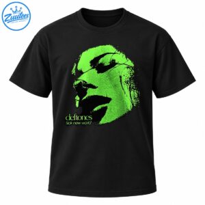 Neon green distressed portrait graphic with black shadows and the words deftones and sick new world