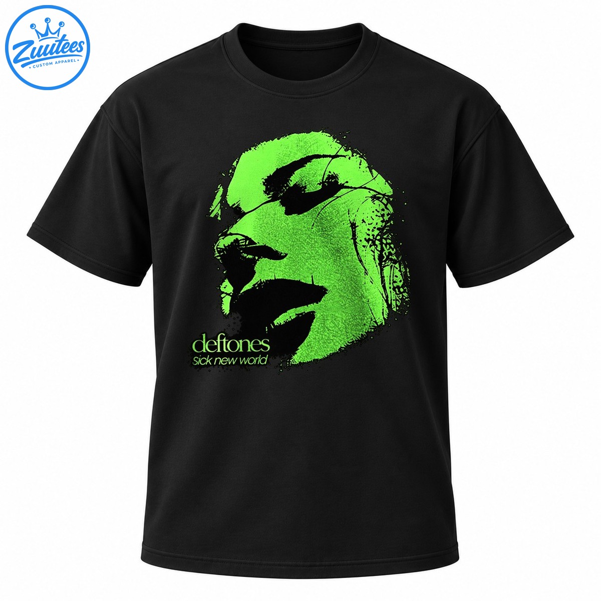 Neon green distressed portrait graphic with black shadows and the words deftones and sick new world Neon green distressed portrait graphic with black shadows and the words deftones and sick new world