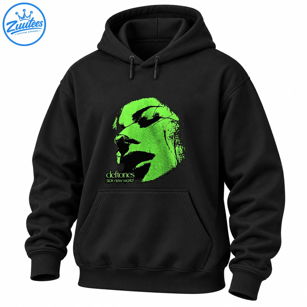 Neon green distressed portrait graphic with black shadows and the words deftones and sick new world Neon green distressed portrait graphic with black shadows and the words deftones and sick new world