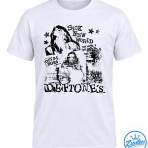 Distressed black and white Sick New World 2026 collage shirt with portraits, stars, October 24 date, and bold lettering