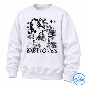 Distressed black and white Sick New World 2026 collage shirt with portraits, stars, October 24 date, and bold lettering