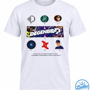 Degenbid graphic with bold white lettering, cosmic lightning, illustrated characters, and colorful circular icons