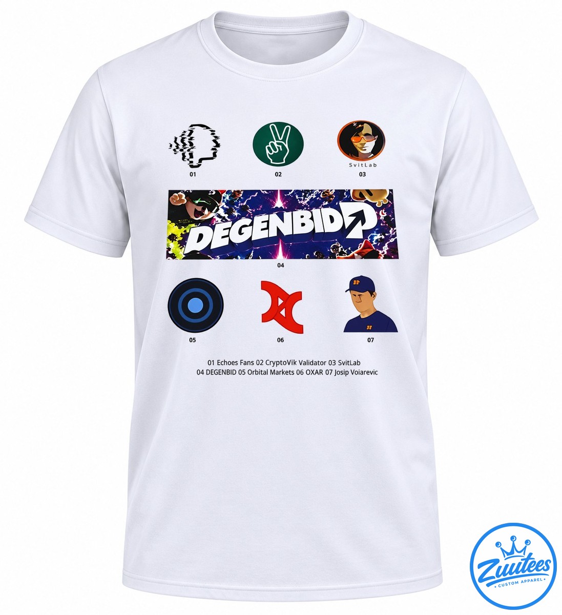 Degenbid Crypto Ecosystem With Josip Volarević And Svitlab Shirt Degenbid graphic with bold white lettering, cosmic lightning, illustrated characters, and colorful circular icons