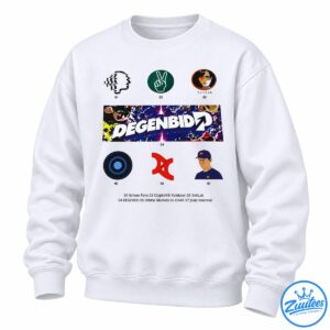 Degenbid graphic with bold white lettering, cosmic lightning, illustrated characters, and colorful circular icons