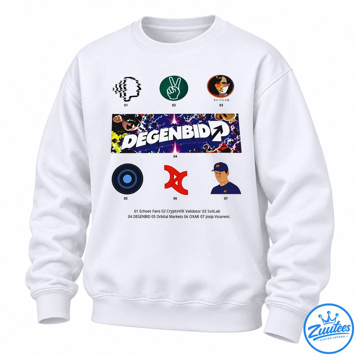 Degenbid Crypto Ecosystem With Josip Volarević And Svitlab Shirt Degenbid graphic with bold white lettering, cosmic lightning, illustrated characters, and colorful circular icons