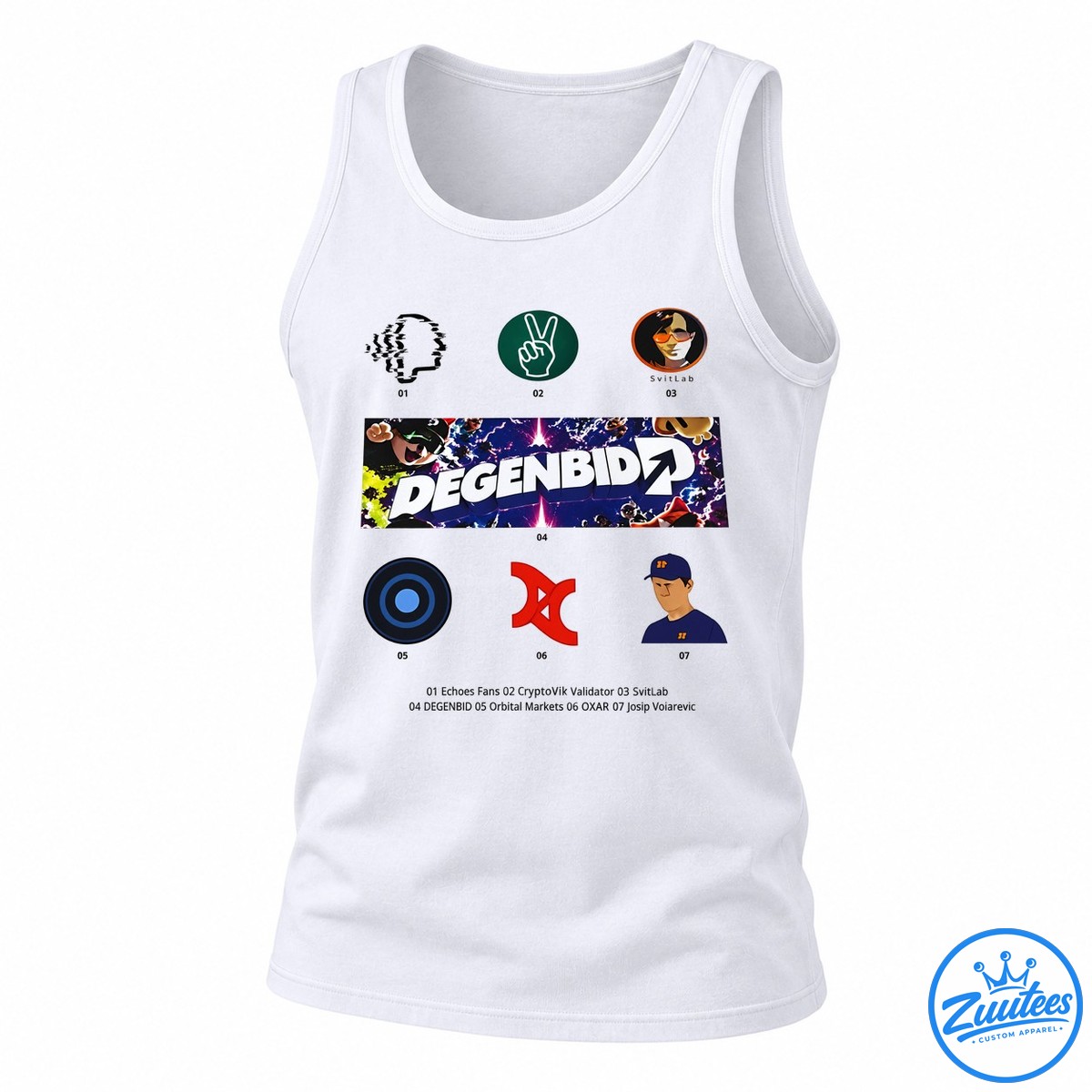 Degenbid Crypto Ecosystem With Josip Volarević And Svitlab Shirt Degenbid graphic with bold white lettering, cosmic lightning, illustrated characters, and colorful circular icons