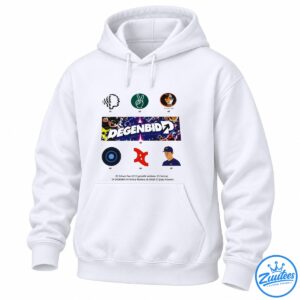 Degenbid graphic with bold white lettering, cosmic lightning, illustrated characters, and colorful circular icons