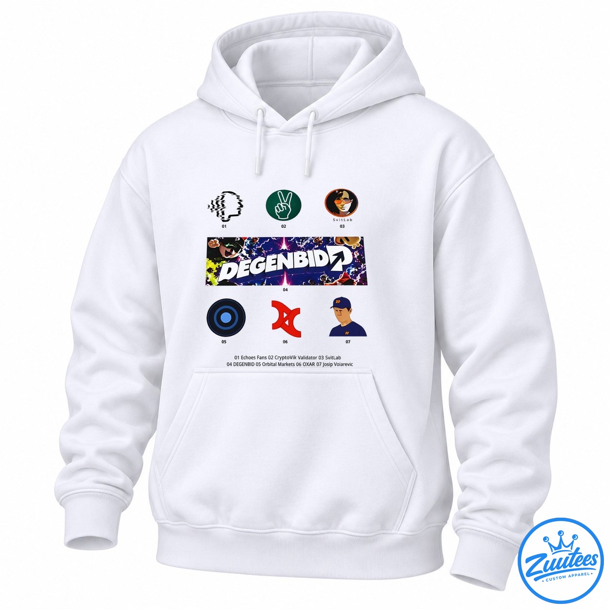 Degenbid Crypto Ecosystem With Josip Volarević And Svitlab Shirt Degenbid graphic with bold white lettering, cosmic lightning, illustrated characters, and colorful circular icons