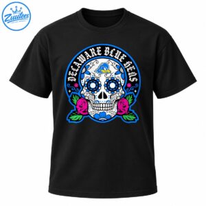 Delaware Blue Hens sugar skull design with blue floral eye sockets, pink roses, green leaves, and Gothic lettering