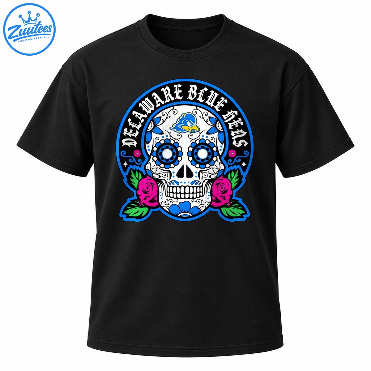 Delaware Blue Hens sugar skull design with blue floral eye sockets, pink roses, green leaves, and Gothic lettering Delaware Blue Hens sugar skull design with blue floral eye sockets, pink roses, green leaves, and Gothic lettering
