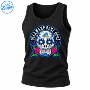 Delaware Blue Hens sugar skull design with blue floral eye sockets, pink roses, green leaves, and Gothic lettering