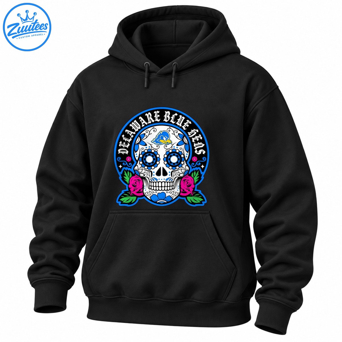 Delaware Blue Hens sugar skull design with blue floral eye sockets, pink roses, green leaves, and Gothic lettering Delaware Blue Hens sugar skull design with blue floral eye sockets, pink roses, green leaves, and Gothic lettering