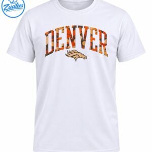 Denver fall camo wordmark shirt design with arched orange DENVER varsity lettering and beige horse head graphic