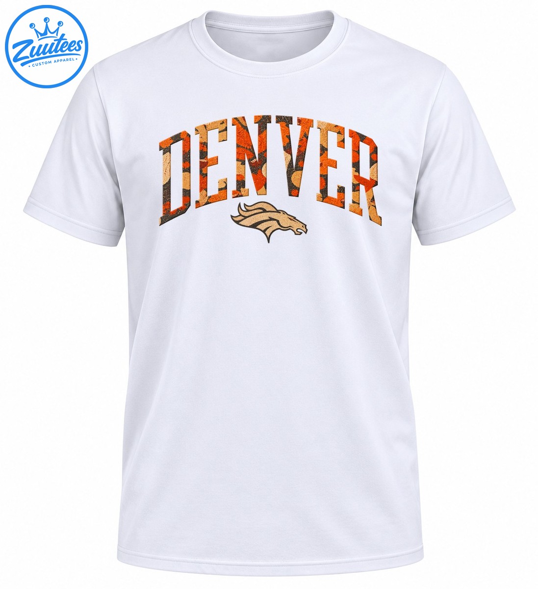 Denver fall camo wordmark shirt design with arched orange DENVER varsity lettering and beige horse head graphic Denver fall camo wordmark shirt design with arched orange DENVER varsity lettering and beige horse head graphic