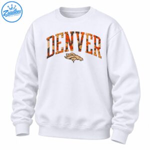 Denver fall camo wordmark shirt design with arched orange DENVER varsity lettering and beige horse head graphic