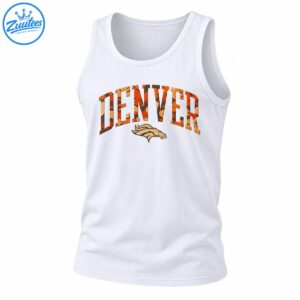 Denver fall camo wordmark shirt design with arched orange DENVER varsity lettering and beige horse head graphic