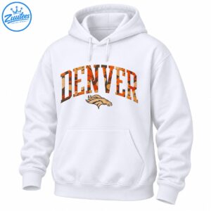 Denver fall camo wordmark shirt design with arched orange DENVER varsity lettering and beige horse head graphic