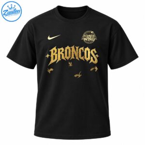 Golden BRONCOS gothic lettering with a Fourth Wing circular crest, stars, and flying creature illustrations on a dark shirt.