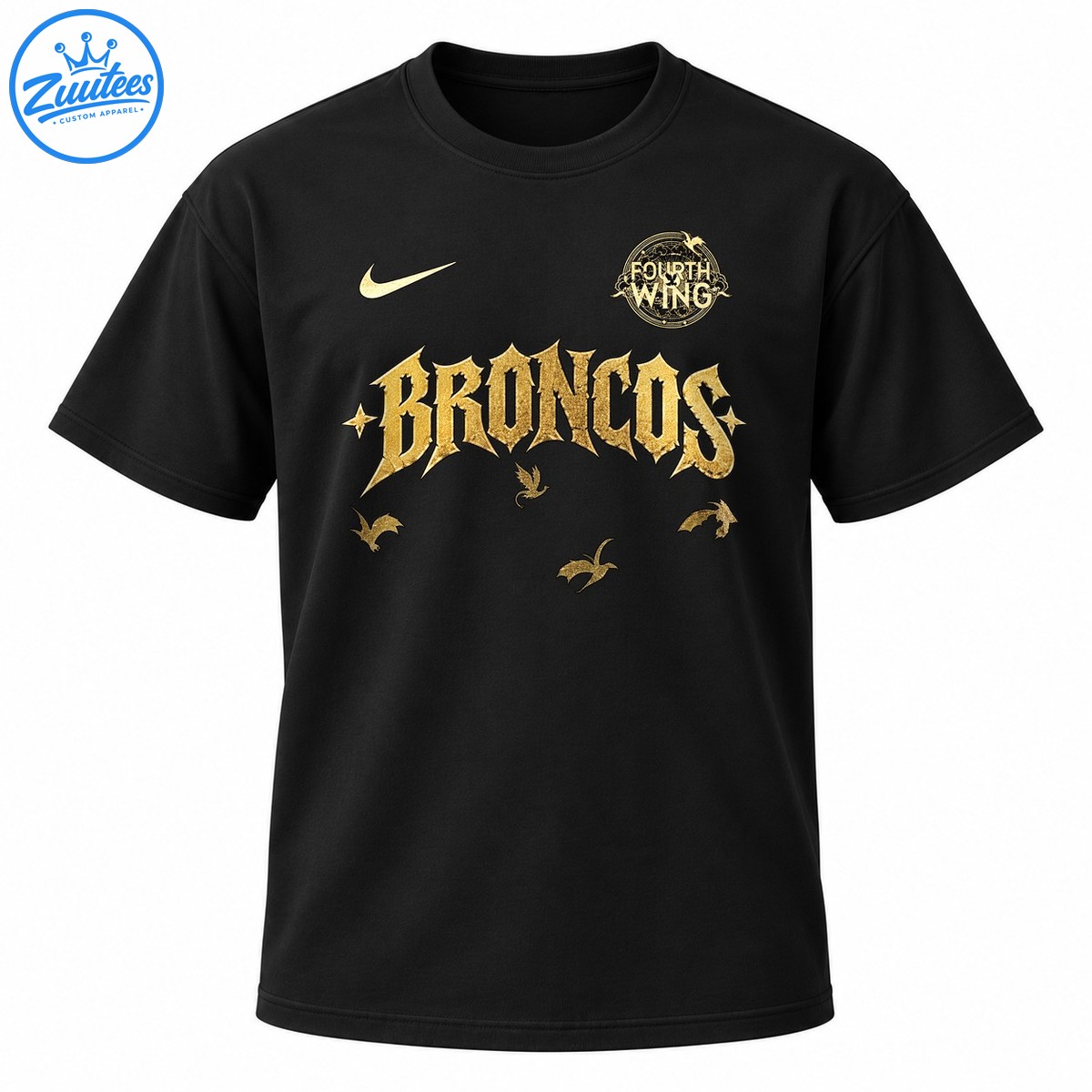 Golden BRONCOS gothic lettering with a Fourth Wing circular crest, stars, and flying creature illustrations on a dark shirt. Golden BRONCOS gothic lettering with a Fourth Wing circular crest, stars, and flying creature illustrations on a dark shirt.