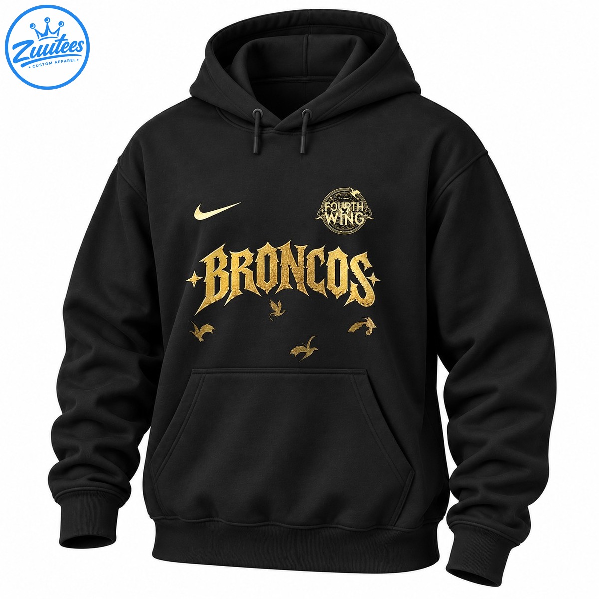 Golden BRONCOS gothic lettering with a Fourth Wing circular crest, stars, and flying creature illustrations on a dark shirt. Golden BRONCOS gothic lettering with a Fourth Wing circular crest, stars, and flying creature illustrations on a dark shirt.