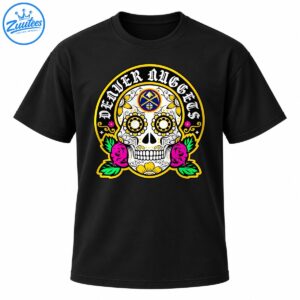White sugar skull with golden floral eyes, pink roses, green leaves, basketball emblem, and Denver Nuggets Gothic lettering