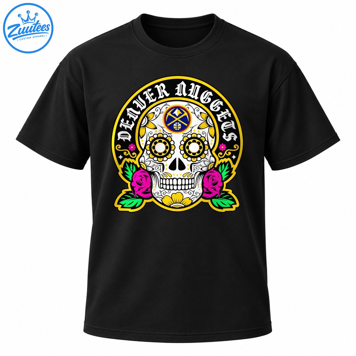 White sugar skull with golden floral eyes, pink roses, green leaves, basketball emblem, and Denver Nuggets Gothic lettering White sugar skull with golden floral eyes, pink roses, green leaves, basketball emblem, and Denver Nuggets Gothic lettering