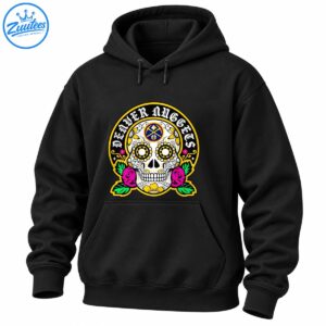 White sugar skull with golden floral eyes, pink roses, green leaves, basketball emblem, and Denver Nuggets Gothic lettering