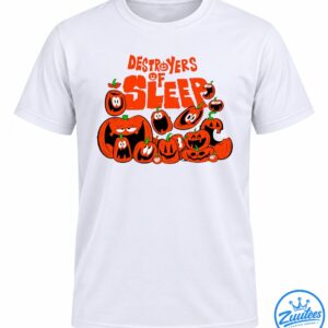 Destroyers of Sleep Halloween design with bold orange lettering and expressive cartoon jack-o'-lantern pumpkins