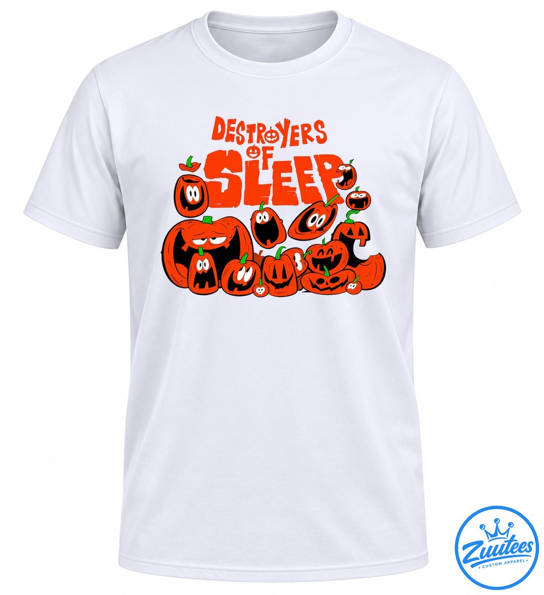 Destroyers of Sleep Halloween design with bold orange lettering and expressive cartoon jack o' lantern pumpkins Destroyers of Sleep Halloween design with bold orange lettering and expressive cartoon jack-o'-lantern pumpkins