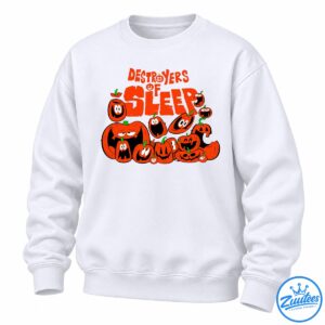 Destroyers of Sleep Halloween design with bold orange lettering and expressive cartoon jack-o'-lantern pumpkins