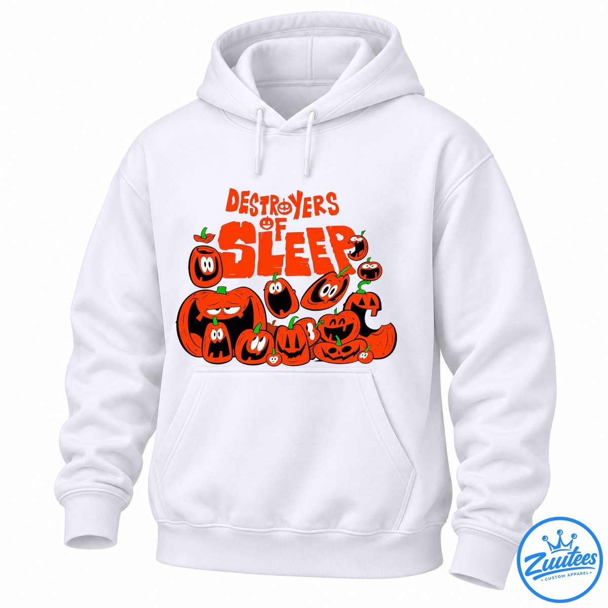 Destroyers of Sleep Halloween design with bold orange lettering and expressive cartoon jack o' lantern pumpkins Destroyers of Sleep Halloween design with bold orange lettering and expressive cartoon jack-o'-lantern pumpkins