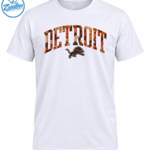 Detroit fall camo shirt design with orange tan and black arched DETROIT lettering and a leaping lion graphic