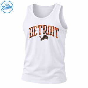 Detroit fall camo shirt design with orange tan and black arched DETROIT lettering and a leaping lion graphic