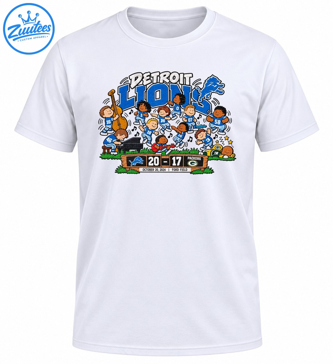 Detroit Lions cartoon football players playing instruments beside a 20 17 Packers scoreboard Detroit Lions cartoon football players playing instruments beside a 20-17 Packers scoreboard