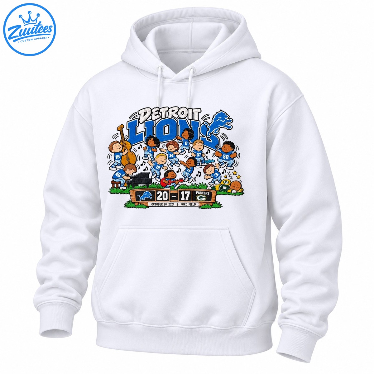Detroit Lions cartoon football players playing instruments beside a 20 17 Packers scoreboard Detroit Lions cartoon football players playing instruments beside a 20-17 Packers scoreboard