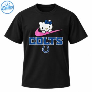 White cartoon kitten with a blue bow on a pink swoosh above blue COLTS lettering and a horseshoe emblem